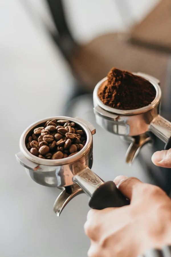 Freshly ground coffee in a metal scoop